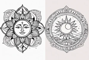 sacred moon and sun painted with Anishinaabe floral all over tattoo idea