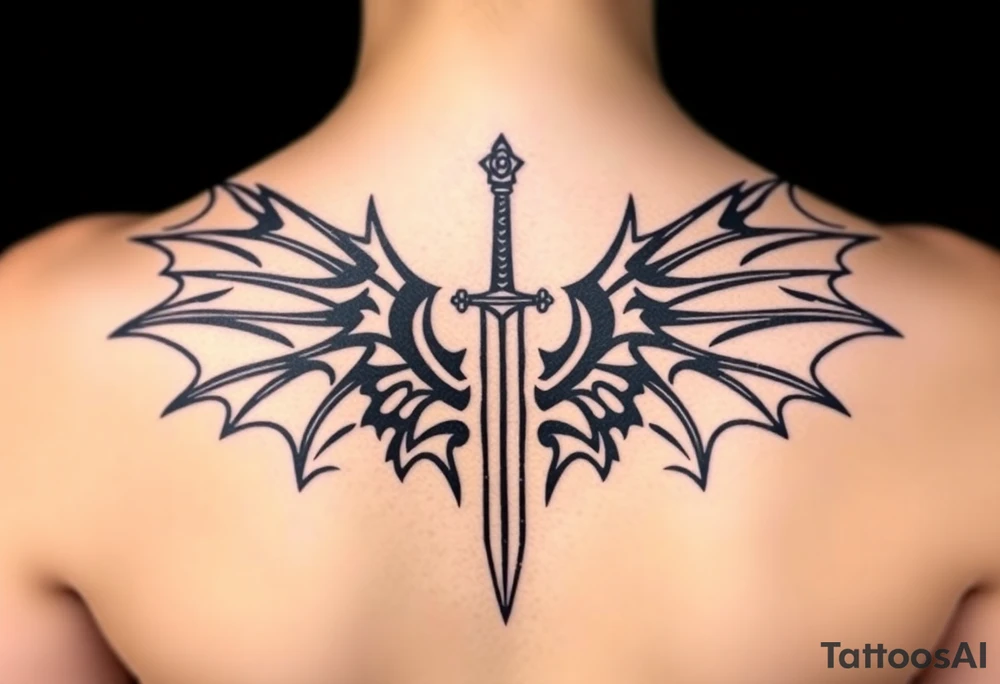 Dragon wings with sword in middle tattoo idea