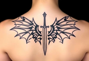Dragon wings with sword in middle tattoo idea