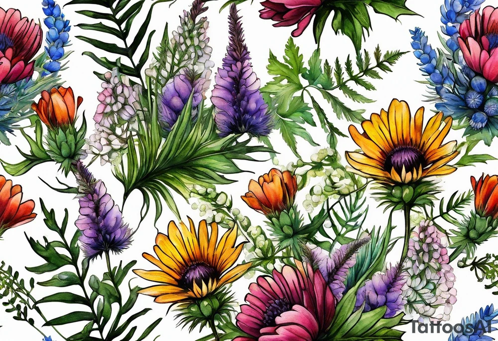 spread out mixed wildflower bouquet with ferns, thistle and with color tattoo idea