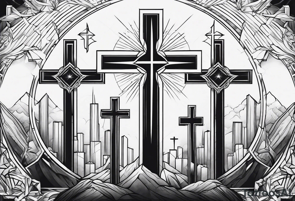 Calvary three crosses geometric tattoo idea