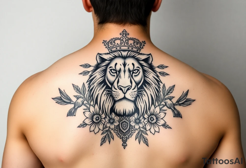 powerful majestic lion with a crown, surrounded by floral ornaments and birds tattoo idea