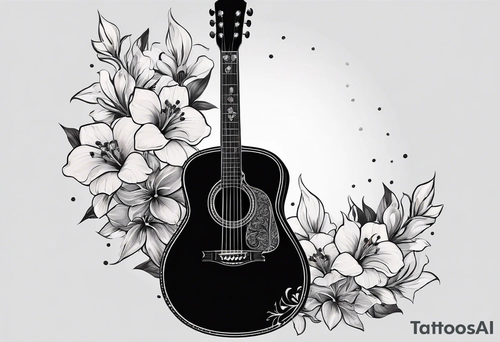 flat basic black acoustic guitar, entire guitar, wrapped with lilies around the neck, with a simple black star on the guitar body. meant for the inside of a woman's bicep tattoo idea
