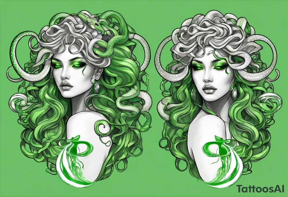Here is a rough sketch of your Medusa tattoo concept:

- **Medusa's Full Body**: Positioned in the center, floating.
- **Glowing Eyes**: Highlighted in white to stand out against her green complexion.
- **Green Snakes for Hair**: Radiating in various directions from her head.
- **White Sheer Dress**: Flowing down her body, semi-transparent to hint at her form beneath.

This sketch captures the basic elements and composition. For a final design, a tattoo artist can add intricate details, shading, and texture to bring Medusa to life with the ethereal and mystical qualities you described. tattoo idea