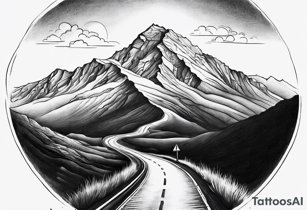road into mountain on forearm with quote my road, my journey tattoo idea