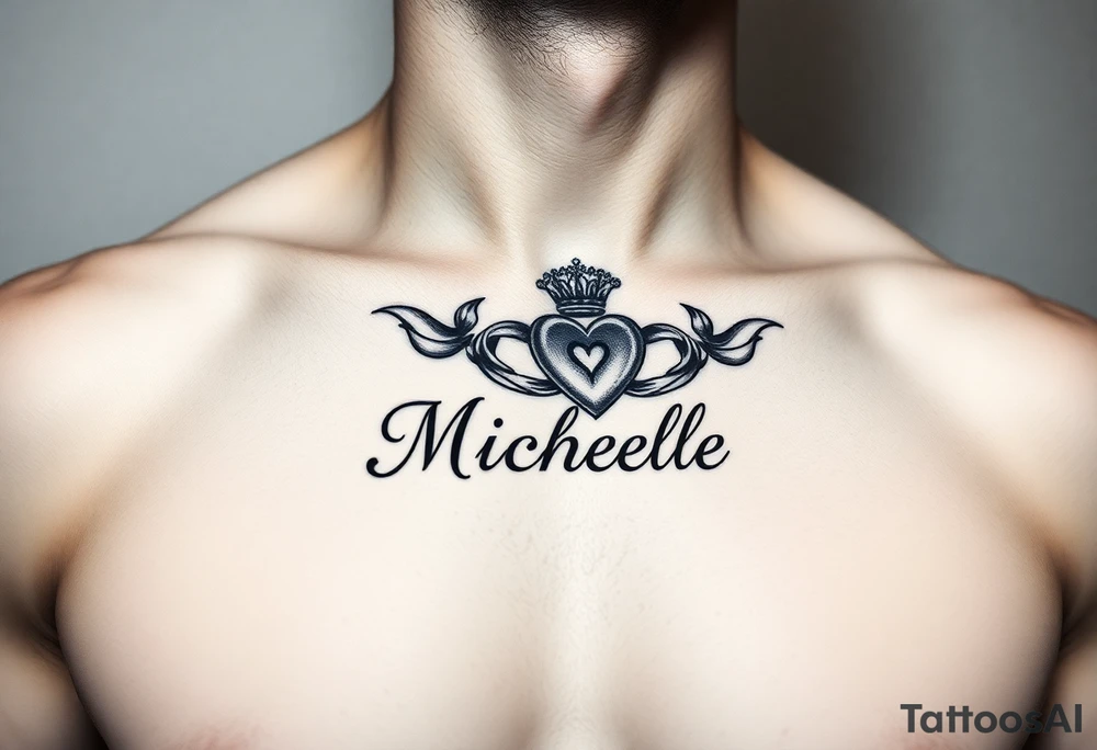 Design a tattoo for a man’s chest of a woman’s name Michelle to be placed over his heart. Make the tattoo tasteful and elegant. Inirporate the irish claddagh tattoo idea