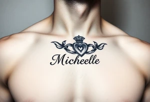 Design a tattoo for a man’s chest of a woman’s name Michelle to be placed over his heart. Make the tattoo tasteful and elegant. Inirporate the irish claddagh tattoo idea