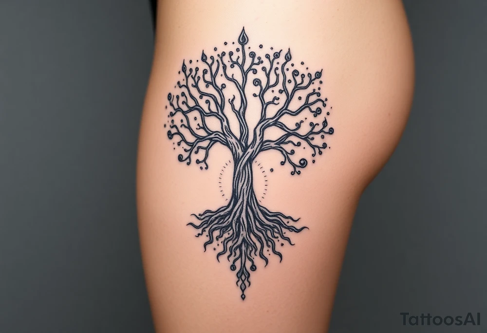 mystical tree of life with cosmic roots and celestial branches tattoo idea