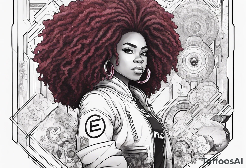 “Steven universe” Garnet, styled with locs with the words “be an experience” and has space elements and make it Afro-futurist tattoo idea