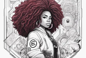 “Steven universe” Garnet, styled with locs with the words “be an experience” and has space elements and make it Afro-futurist tattoo idea