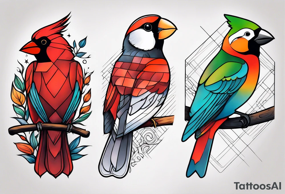 sleeve of 4 birds - cardinal, puffin, chickadee, and puerto rican parrot tattoo idea