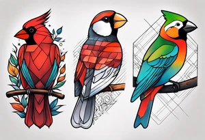 sleeve of 4 birds - cardinal, puffin, chickadee, and puerto rican parrot tattoo idea