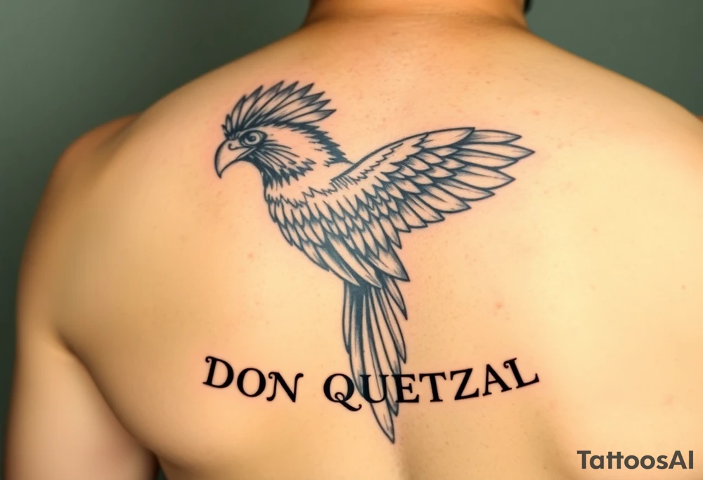 powerful majestic quetzal bird with long feathers and letters DON QUETZAL. full colors tattoo idea