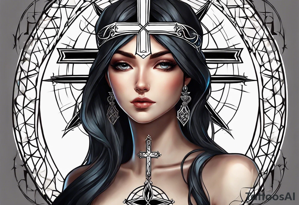 Tattoo: A refined cross with a soft halo on top of it, symbolizing light and spirituality. Delicate rays extend outward from the halo, adding a subtle glow and depth. The cross itself is simple and elegant, with potential for small, intricate line details within the design. tattoo idea