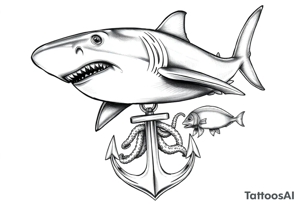 hammerhead-shark,under it an anchor,fishes,an octopus. tattoo idea