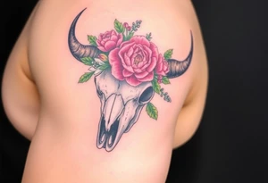 Buffalo or bison skull with flowers. Peony, snowdrop, holly with berries, larkspur, peony. Colour. For upper arm or shoulder. Masculin. tattoo idea