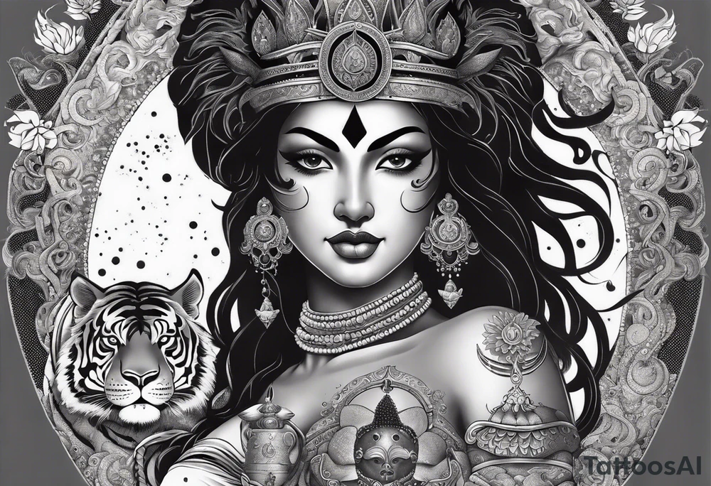 durga goddess, riding a tiger, kali, pirate, pachamama, chest tatoo, lotus, piarte tattoo idea