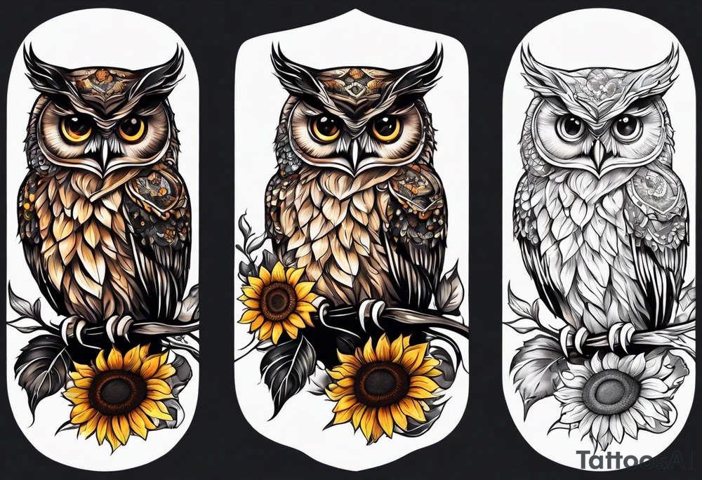 Small owl with sunflowers and butterflies arm sleeve tattoo idea