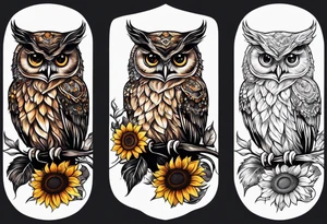 Small owl with sunflowers and butterflies arm sleeve tattoo idea
