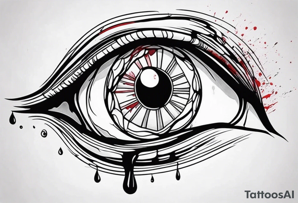 Bleeding tear flows to down from man's red eye sleeve tattoo design tattoo idea