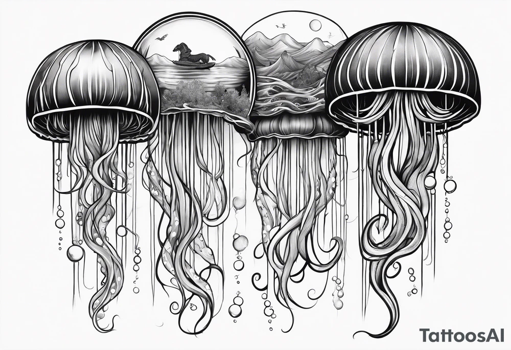 A universe inside a mystical jellyfish with long flowing tentacles tattoo idea