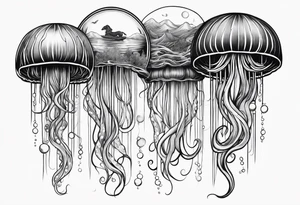 A universe inside a mystical jellyfish with long flowing tentacles tattoo idea