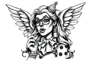 beautiful long hair pin up Clown Girl pays thug eyeglasses  angelic wings smoking a cigarette tattoo idea