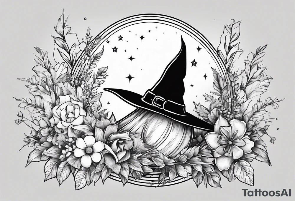 Witch hat sitting on top of a crystal ball sitting on wildflowers tattoo idea