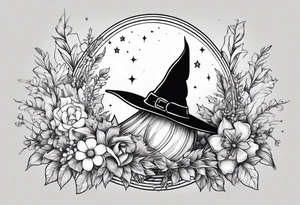 Witch hat sitting on top of a crystal ball sitting on wildflowers tattoo idea
