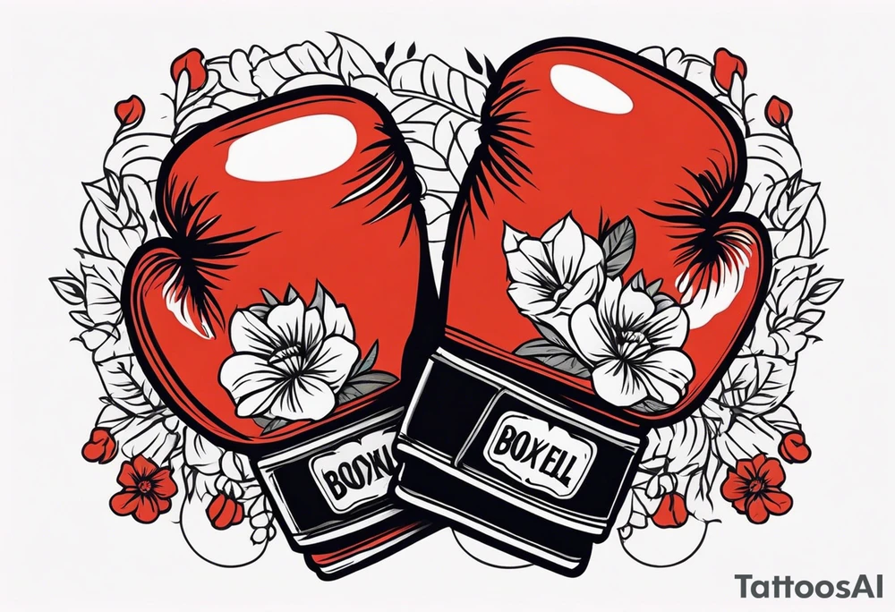boxing gloves and flowers around the gloves  bold colors traditional old school vintage tattoo idea