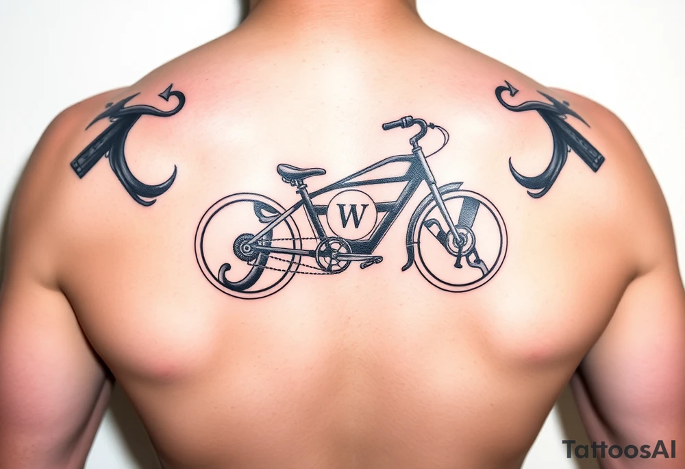 A stylized recumbent with integrated frame lettering spelling out JWM 4” long. tattoo idea
