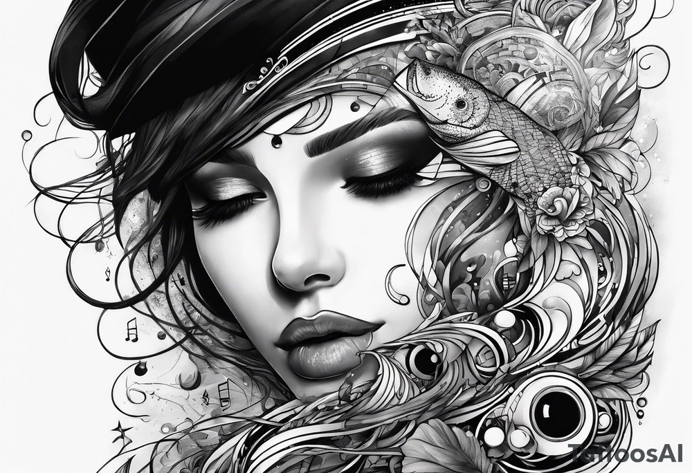 A forearm tattoo about electronic music mixed with the water of the ocean, abstract tattoo idea