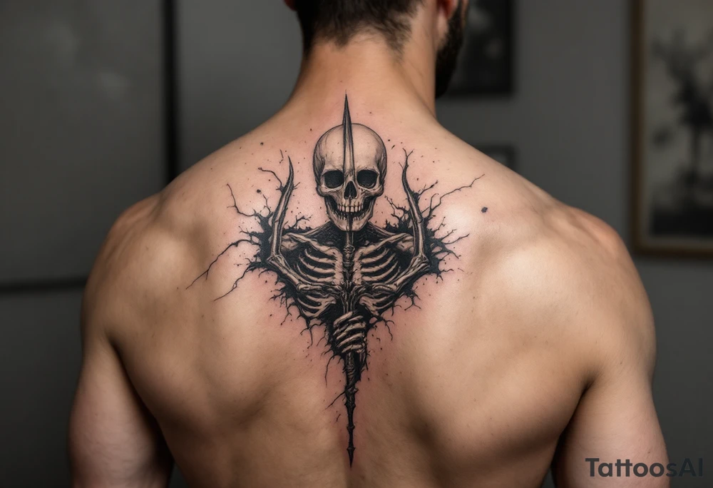 skeleton behind trident coming out of skin effect tattoo idea skeleton behind trident coming out of skin effect tattoo idea