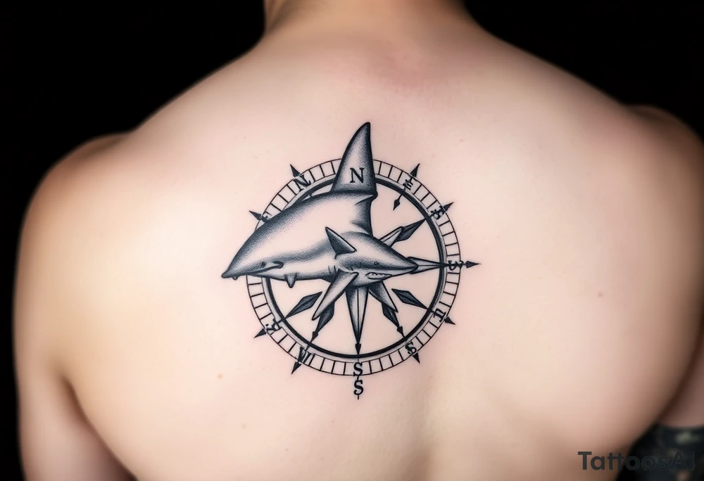 "A detailed black and grey tattoo design combining the top-down view of a shark with a compass. The shark should appear as if swimming across or emerging from the compass. The compass has intricate, sharp-edged needles and classic directional markings (N, S, E, W). The style is realistic with fine linework and light dot shading, suitable for forearm or upper arm placement. Bold yet elegant composition with oceanic and navigational symbolism." tattoo idea
