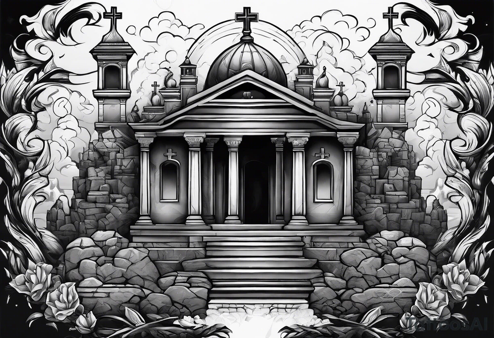 Tomb with smoke and crosses tattoo idea