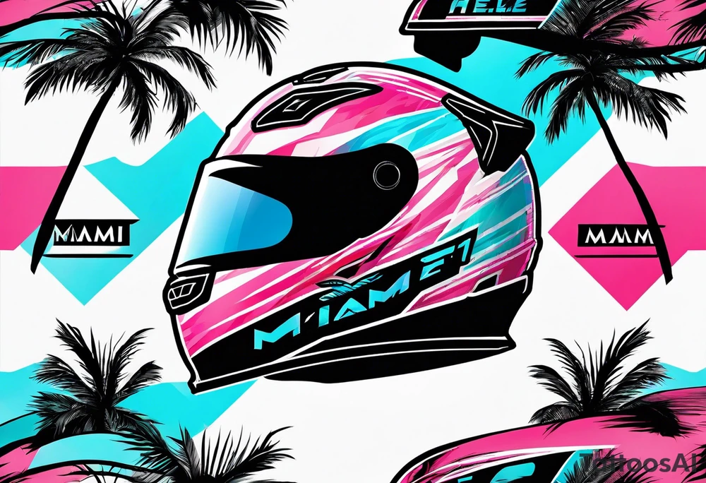 Formula 1 Helment with the Miami logo a palm tree and pink black and light blue colors tattoo idea