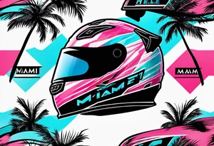 Formula 1 Helment with the Miami logo a palm tree and pink black and light blue colors tattoo idea