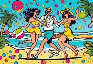 vintage beach dance party with music and confetti, tropical drinks tattoo idea