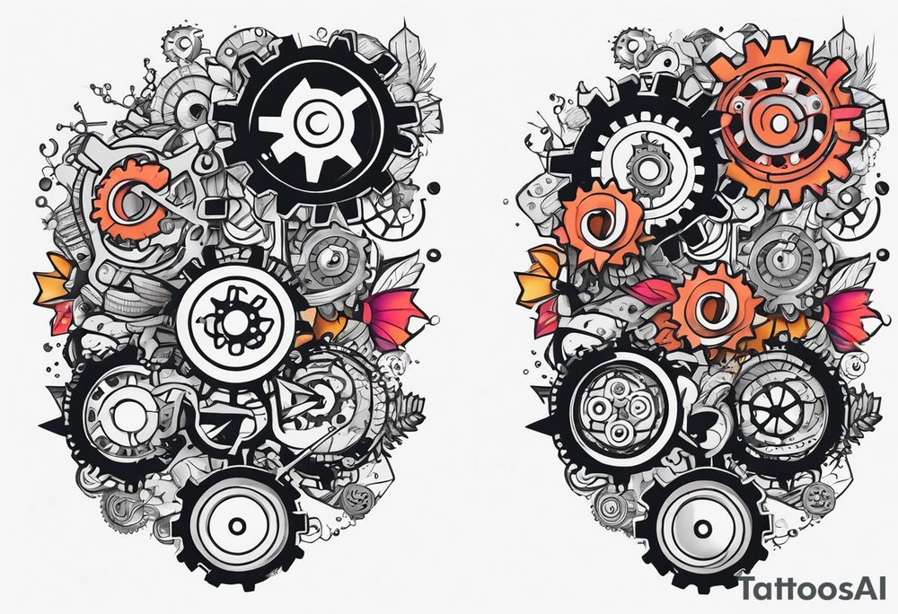 Nuts and bolts and gears and cogs on thigh tattoo idea