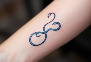 A minimalist twin snake design, one outlined in black and the other in electric blue, intertwined in a spiral and With word "Gemini" tattoo idea