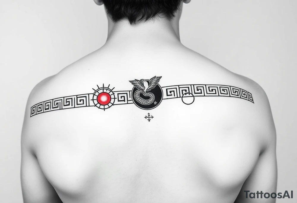"Ultra-thin black and red line art tattoo band (ratio 10:1), seamless wrap-around forearm design.  
Main pattern: Greek meander (key pattern) as a single continuous line with sharp angles.  
Integrated symbols (minimalist, no realism):  
- Top edge: Red sun (◍) and phoenix (〉〉〉) as part of the meander.  
- Bottom edge: Black moon (◑) and ouroboros snake (⸙⸙).  
- Hidden: Alien glyph (△◯△) near moon, Bagua trigrams (☲) in corners.  

Style: Pure line art, 1px thin lines, dotwork accents. No shading, no background, no disconnected elements.  
Technical: Perfectly repeatable pattern, 360° seamless connection." tattoo idea