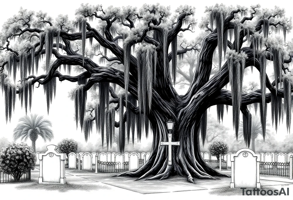 Oak trees with Spanish moss in a cemetery tattoo idea