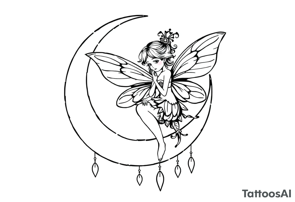 Solid black design. Fairy sitting on moon with dangles tattoo idea