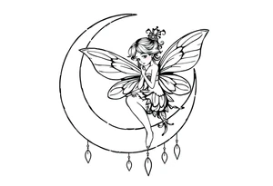 Solid black design. Fairy sitting on moon with dangles tattoo idea