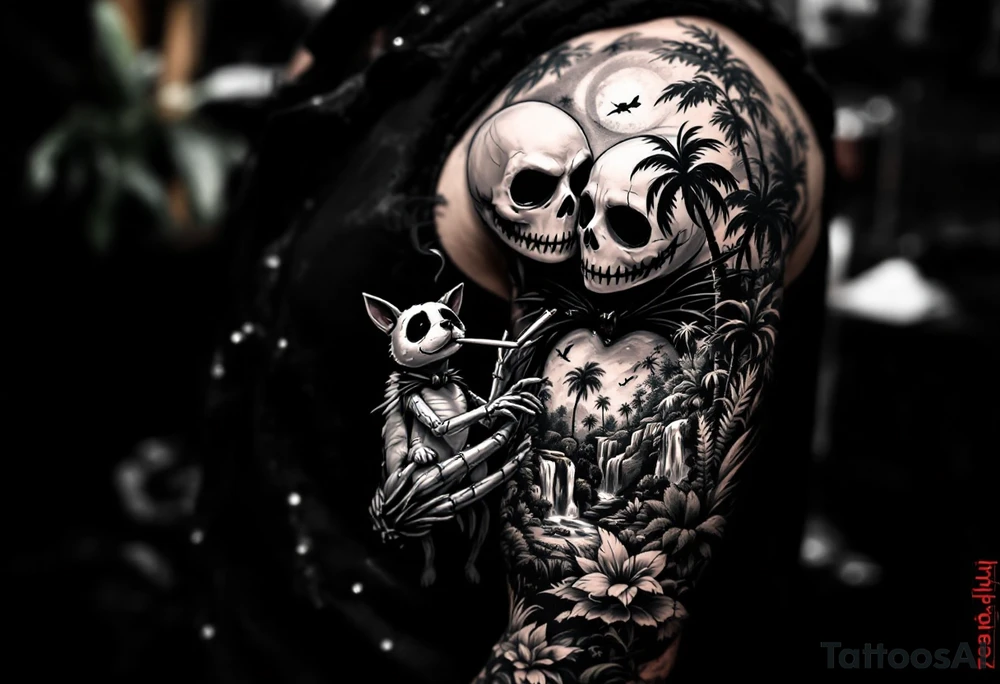 jack skellington with dog smoking a blunt, in nature jungle, waterfall, birds, palm trees tattoo idea