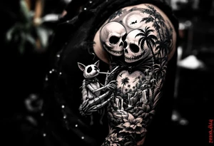 jack skellington with dog smoking a blunt, in nature jungle, waterfall, birds, palm trees tattoo idea