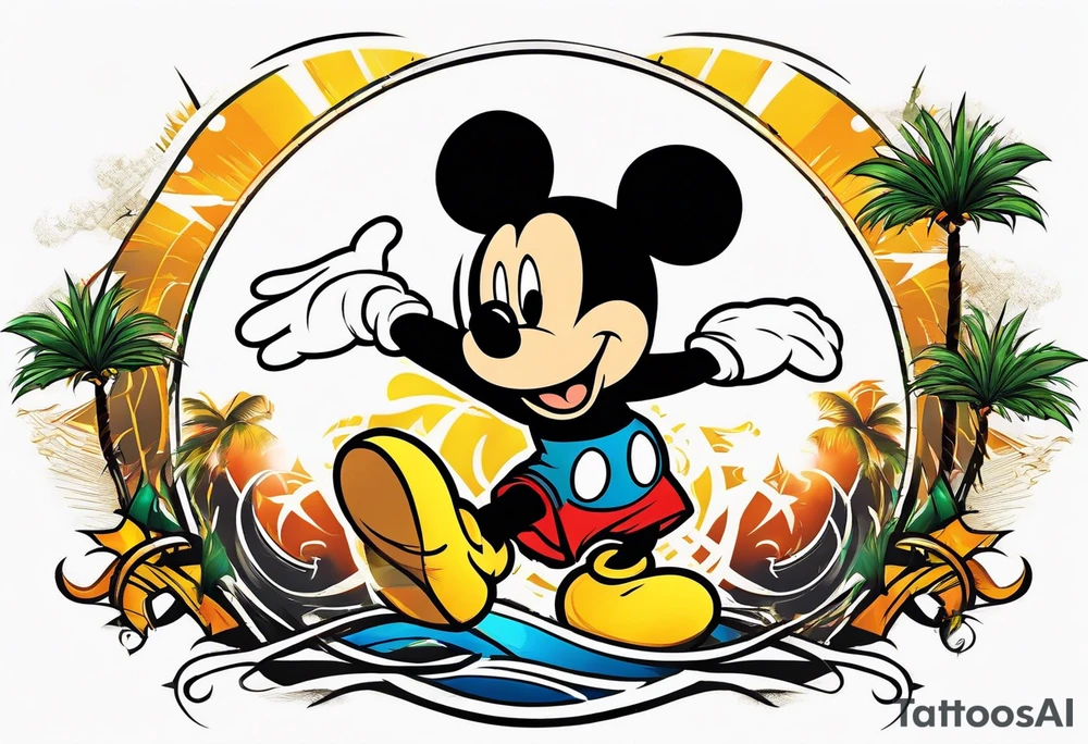 mickey mouse doing martial arts with palm trees, lightning storm and the celtic symbol for family tattoo idea