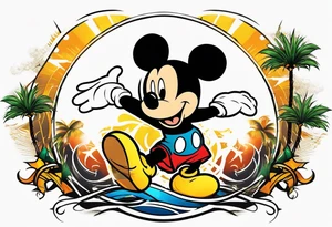 mickey mouse doing martial arts with palm trees, lightning storm and the celtic symbol for family tattoo idea