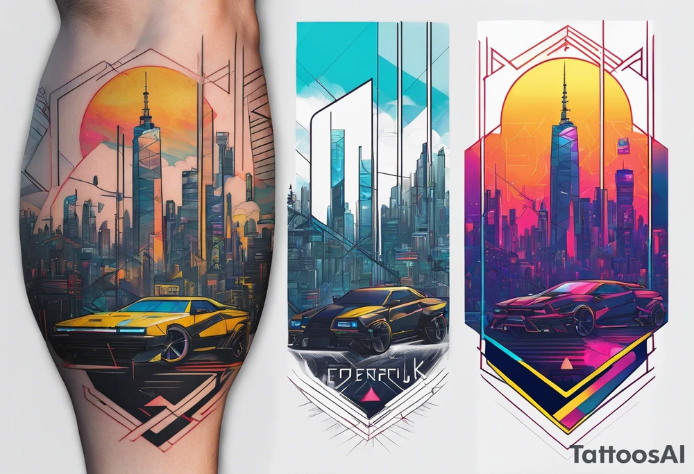 cyberpunk 2077, forearm tattoo, geometric, subtle, men, city skyline, bright colour, tattoo idea