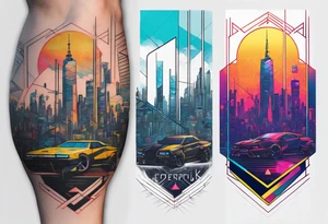 cyberpunk 2077, forearm tattoo, geometric, subtle, men, city skyline, bright colour, tattoo idea